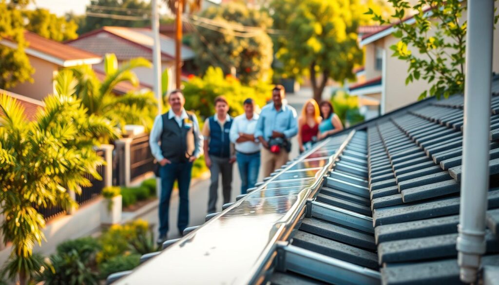 A bustling South African street, with thriving gutter contractors showcasing their success stories. In the foreground, a well-maintained gutter system gleams under the warm, golden light, highlighting the quality craftsmanship. In the middle ground, gutter contractors stand proudly, dressed in professional attire, surrounded by satisfied customers. The background features vibrant, lush greenery and the distinct architecture of South African neighborhoods. The scene exudes a sense of prosperity, professionalism, and the reliable services offered by MegaLeads' gutter contractor partners.