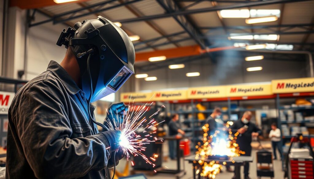 A bustling South African welding workshop, flooded with warm, focused lighting. In the foreground, a skilled welder in a welding mask and protective gear expertly manipulating a welding torch, sparks flying. In the middle ground, several welding stations with busy technicians, and shelves stocked with MegaLeads-branded welding supplies and equipment. The background reveals a modern, well-organized workshop space with high ceilings, large windows, and a sense of productivity and success. The atmosphere is one of precision, hard work, and the pride of a thriving South African welding business.