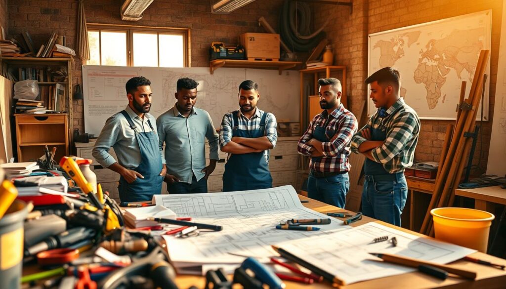A bustling handyman workshop, flooded with warm, natural light. In the foreground, a desk overflows with blueprints, tools, and a laptop displaying the MegaLeads website, showcasing targeted customer leads for local handyman businesses. In the middle ground, a team of handymen review job orders and schedule appointments, their faces focused and determined. The background reveals a map of the local area, pinpointing potential customer hotspots. The overall scene conveys a sense of efficient, technology-driven customer acquisition, empowering the handyman to grow their enterprise in South Africa.