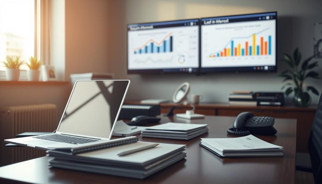 A busy office scene with a focus on a desk showcasing MegaLeads' electrician lead referral service. The desk is neatly organized, with a laptop, a stack of documents, and a phone prominently displayed. The background features a wall-mounted screen displaying charts and graphs, illustrating the return on investment achieved through the service. Soft, directional lighting from a window casts a warm glow over the scene, creating a professional and productive atmosphere. The overall composition conveys the efficiency and effectiveness of MegaLeads' targeted lead generation solution for electricians. A busy office scene with a focus on a desk showcasing MegaLeads' electrician lead referral service. The desk is neatly organized, with a laptop, a stack of documents, and a phone prominently displayed. The background features a wall-mounted screen displaying charts and graphs, illustrating the return on investment achieved through the service. Soft, directional lighting from a window casts a warm glow over the scene, creating a professional and productive atmosphere. The overall composition conveys the efficiency and effectiveness of MegaLeads' targeted lead generation solution for electricians.