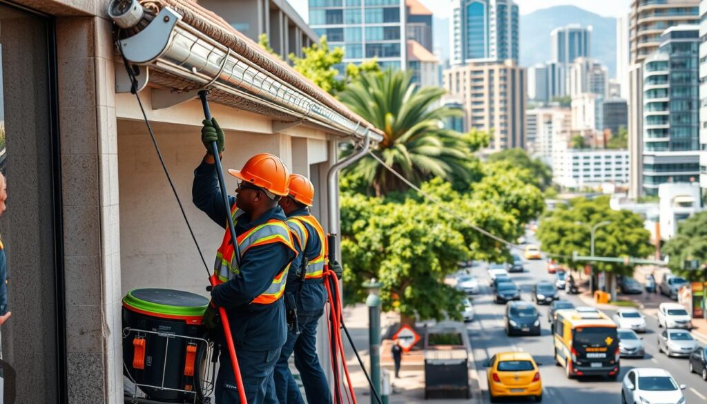 A busy street in a bustling South African city, with a focus on a team of professional gutter cleaners from MegaLeads meticulously attending to the rain gutters of a commercial building. The workers are outfitted in safety gear, using specialized tools and equipment to ensure a thorough and efficient cleaning process. In the background, a vibrant cityscape filled with modern high-rises and lush greenery creates a dynamic urban setting. The scene conveys a sense of professionalism, reliability, and the value that MegaLeads' premium gutter cleaning service brings to local businesses seeking to transform their operations and grow their ventures in South Africa.