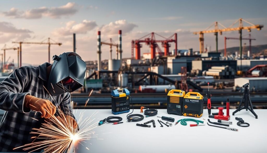 A comprehensive image showcasing the various welding lead categories offered by MegaLeads. In the foreground, a skilled welder in protective gear works on a metal structure, sparks flying. In the middle ground, different types of welding equipment and tools are neatly arranged, representing the diverse services. The background depicts a South African industrial landscape, with factories, warehouses, and cranes, highlighting the local focus. The lighting is crisp and evenly distributed, capturing the technical precision of the welding process. The overall mood is one of professionalism, efficiency, and expertise, reflecting the MegaLeads brand promise.