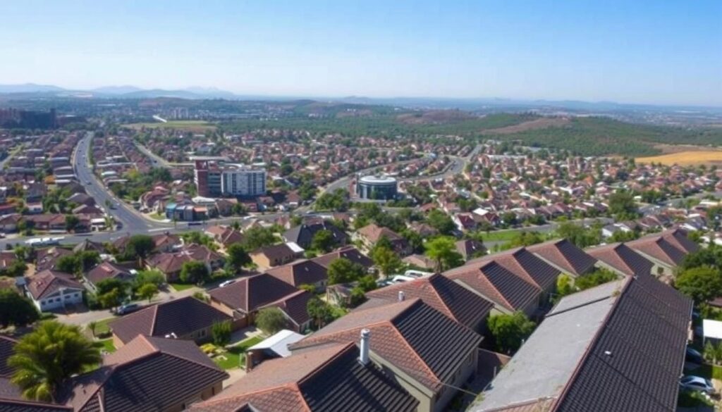 A picturesque aerial view of a bustling South African town, with neatly arranged houses and lush greenery. In the foreground, a team of MegaLeads gutter service professionals are diligently clearing debris and inspecting the homes' gutters, ensuring comprehensive coverage and optimal drainage. The mid-ground showcases a diverse range of residential and commercial properties, all connected by a network of well-maintained roads. In the background, the horizon is dotted with rolling hills and a clear, blue sky, creating a serene and inviting atmosphere. The scene conveys the reliable and comprehensive gutter services that MegaLeads provides across South Africa, catering to the needs of both homeowners and businesses.
