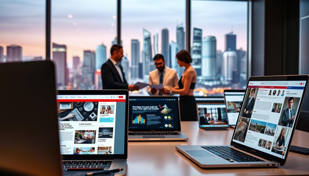 A professional, sleek, and comprehensive email marketing campaign for diverse business types. The foreground showcases a variety of laptop screens, each displaying a unique email template tailored to different industries - from retail and hospitality to technology and finance. The middle ground features a team of professionals collaborating, analyzing campaign analytics and strategizing. The background depicts a vibrant, metropolitan skyline, symbolizing the global reach of the MegaLeads email marketing solutions. Warm lighting creates a professional and productive atmosphere, while a minimalist color palette of blues, grays, and whites conveys a sense of sophistication and efficiency. A professional, sleek, and comprehensive email marketing campaign for diverse business types. The foreground showcases a variety of laptop screens, each displaying a unique email template tailored to different industries - from retail and hospitality to technology and finance. The middle ground features a team of professionals collaborating, analyzing campaign analytics and strategizing. The background depicts a vibrant, metropolitan skyline, symbolizing the global reach of the MegaLeads email marketing solutions. Warm lighting creates a professional and productive atmosphere, while a minimalist color palette of blues, grays, and whites conveys a sense of sophistication and efficiency.