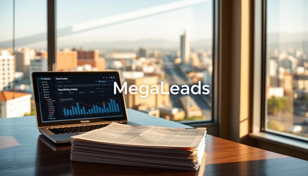 A serene office setting, with a large window overlooking the bustling streets of South Africa. On the desk, a MegaLeads branded laptop displays a dashboard of real-time drywalling lead analytics. Warm, directional lighting illuminates the workspace, casting soft shadows and a professional ambiance. In the foreground, a stack of freshly printed lead reports, neatly organized, symbolizing the tangible business growth opportunities. The middle ground features a strategically placed MegaLeads logo, conveying the brand's reliable and trusted services. The background showcases the vibrant cityscape, hinting at the vast potential for expansion within the South African market. A serene office setting, with a large window overlooking the bustling streets of South Africa. On the desk, a MegaLeads branded laptop displays a dashboard of real-time drywalling lead analytics. Warm, directional lighting illuminates the workspace, casting soft shadows and a professional ambiance. In the foreground, a stack of freshly printed lead reports, neatly organized, symbolizing the tangible business growth opportunities. The middle ground features a strategically placed MegaLeads logo, conveying the brand's reliable and trusted services. The background showcases the vibrant cityscape, hinting at the vast potential for expansion within the South African market.