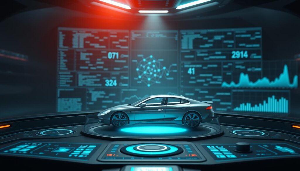 A sleek, high-tech pawn car prospects targeting system from MegaLeads. In the foreground, a futuristic dashboard with holographic displays and touch-sensitive controls. Muted gray and blue tones, with subtle neon accents. In the middle ground, a rotating 3D model of a car, its details highlighted by a focused beam of light. In the background, a data visualization matrix, algorithms and metrics scrolling across the screen, visualizing the lead generation process. Subtle lens flare, cinematic lighting, and a sense of technological sophistication pervade the scene.
