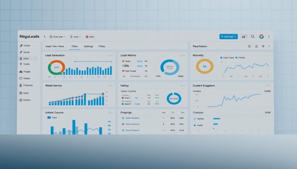 A sleek, minimalist dashboard interface displaying integrated social media and CRM data for MegaLeads. The foreground features neatly organized charts, graphs, and metrics tracking lead generation, conversion rates, and customer engagement across various social platforms. The middle ground showcases a clean, customizable layout with toggles, filters, and drill-down functionality. In the background, a subtle grid pattern and muted color palette create a professional, technology-driven atmosphere. Crisp lighting and a slightly angled perspective convey a sense of precision and efficiency, highlighting MegaLeads' advanced lead management capabilities. A sleek, minimalist dashboard interface displaying integrated social media and CRM data for MegaLeads. The foreground features neatly organized charts, graphs, and metrics tracking lead generation, conversion rates, and customer engagement across various social platforms. The middle ground showcases a clean, customizable layout with toggles, filters, and drill-down functionality. In the background, a subtle grid pattern and muted color palette create a professional, technology-driven atmosphere. Crisp lighting and a slightly angled perspective convey a sense of precision and efficiency, highlighting MegaLeads' advanced lead management capabilities.