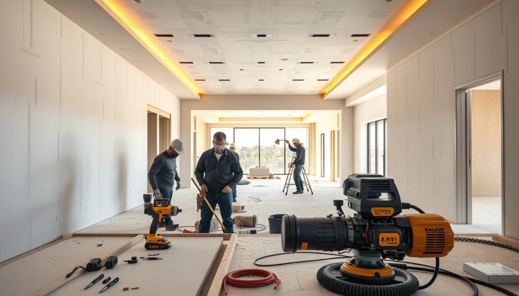 A sleek, modern construction site with high-quality drywall installations in progress. In the foreground, a group of MegaLeads-sourced contractors carefully measuring and cutting premium drywall panels. In the middle ground, advanced power tools and state-of-the-art drywall finishing equipment shine under warm, directional lighting. The background depicts an expansive, airy interior space with clean lines, abundant natural light, and the beginnings of a stylish, high-end residential or commercial project. The overall scene conveys a sense of precision, professionalism, and the caliber of projects MegaLeads connects contractors with in South Africa. A sleek, modern construction site with high-quality drywall installations in progress. In the foreground, a group of MegaLeads-sourced contractors carefully measuring and cutting premium drywall panels. In the middle ground, advanced power tools and state-of-the-art drywall finishing equipment shine under warm, directional lighting. The background depicts an expansive, airy interior space with clean lines, abundant natural light, and the beginnings of a stylish, high-end residential or commercial project. The overall scene conveys a sense of precision, professionalism, and the caliber of projects MegaLeads connects contractors with in South Africa.