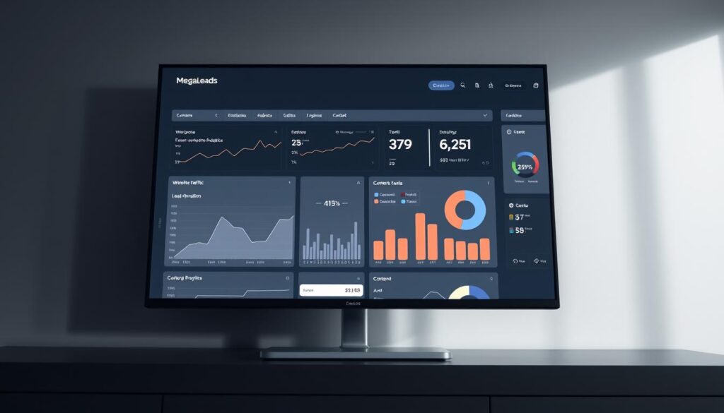 A sleek, modern content marketing analytics dashboard on a large flat-screen display. The dashboard features clean, minimal design with sharp lines and a muted color palette of blues, grays, and whites. Intuitive data visualizations such as line graphs, bar charts, and pie charts provide in-depth insights into key metrics like website traffic, lead generation, and content performance. The MegaLeads logo is prominently displayed at the top, conveying the brand's expertise in content marketing and advanced analytics. The dashboard is bathed in soft, indirect lighting that creates a sense of professionalism and sophistication, perfectly suited for an article on measurable results in content marketing. A sleek, modern content marketing analytics dashboard on a large flat-screen display. The dashboard features clean, minimal design with sharp lines and a muted color palette of blues, grays, and whites. Intuitive data visualizations such as line graphs, bar charts, and pie charts provide in-depth insights into key metrics like website traffic, lead generation, and content performance. The MegaLeads logo is prominently displayed at the top, conveying the brand's expertise in content marketing and advanced analytics. The dashboard is bathed in soft, indirect lighting that creates a sense of professionalism and sophistication, perfectly suited for an article on measurable results in content marketing.