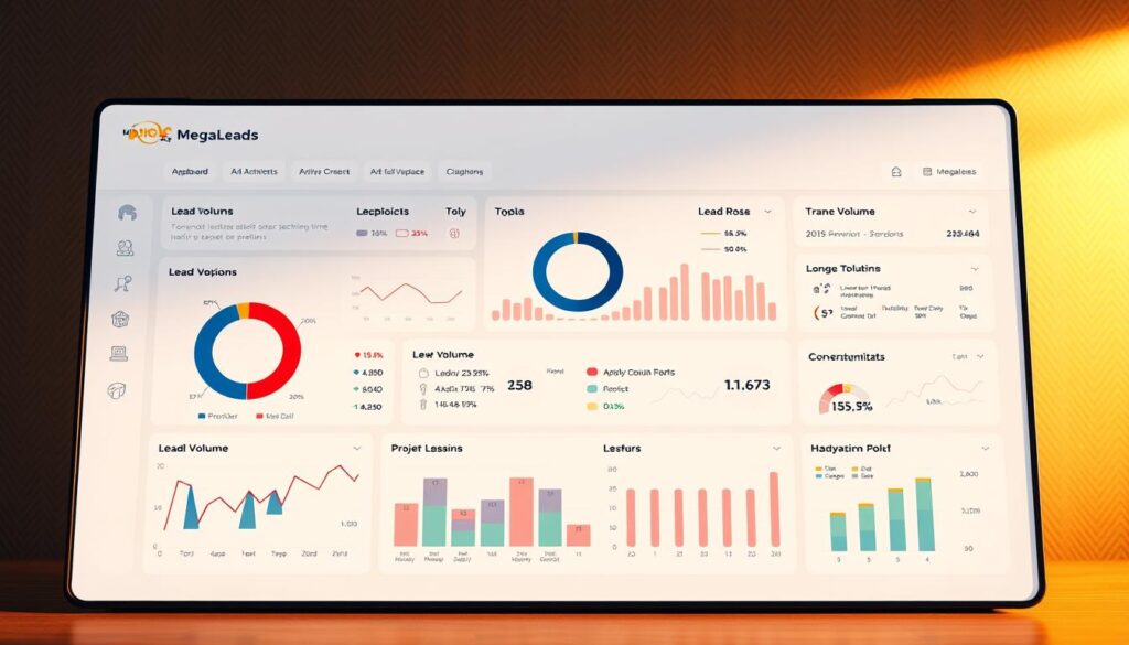 A sleek, modern dashboard interface showcasing MegaLeads' handyman project leads system. In the foreground, a series of interactive charts and graphs display key performance metrics, lead volume, and conversion rates. The middle ground features a clean, minimalist design with bold typography and intuitive UI elements. In the background, a subtle pattern or texture adds depth and visual interest. Warm, directional lighting illuminates the dashboard, creating a professional, data-driven atmosphere. The overall composition conveys a sense of control, efficiency, and the power of MegaLeads' targeted lead generation service.