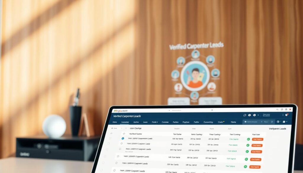 A sleek, modern desktop workspace showcasing the "MegaLeads" verified carpenter leads system. In the foreground, a clean, well-organized interface displays a list of verified carpenter leads, with clear indicators of their credentials. In the middle ground, a stylized graphic illustrates the various services and features of the lead generation platform. The background features a warm, inviting wood-paneled wall, subtly evoking the carpentry industry. Soft, directional lighting casts a professional, authoritative tone, while the overall composition conveys a sense of efficiency, reliability, and expertise in providing premium targeted carpenter leads to grow a business in South Africa.