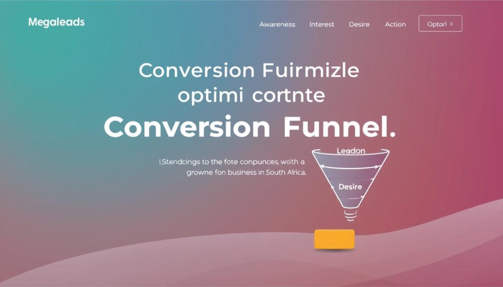 A sleek, modern landing page showcasing a conversion funnel optimization process. In the foreground, a stylized, minimalist illustration depicts the stages of the funnel: Awareness, Interest, Desire, and Action, with smooth transitions between each step. In the middle ground, the MegaLeads brand name is prominently displayed, conveying the expertise and authority of the company. The background features a subdued, yet visually appealing gradient or geometric pattern, creating a sense of depth and professionalism. The overall mood is one of efficiency, simplicity, and growth, with a focus on lead capture and form optimization for businesses in South Africa. A sleek, modern landing page showcasing a conversion funnel optimization process. In the foreground, a stylized, minimalist illustration depicts the stages of the funnel: Awareness, Interest, Desire, and Action, with smooth transitions between each step. In the middle ground, the MegaLeads brand name is prominently displayed, conveying the expertise and authority of the company. The background features a subdued, yet visually appealing gradient or geometric pattern, creating a sense of depth and professionalism. The overall mood is one of efficiency, simplicity, and growth, with a focus on lead capture and form optimization for businesses in South Africa.