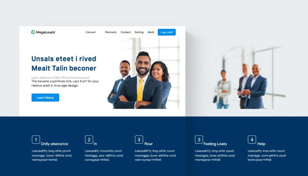 A sleek, modern mobile landing page design for MegaLeads, optimized for high conversion rates. The layout features a clean, minimalist aesthetic with a prominent hero section showcasing the key product or service offering. Crisp, high-quality photography of South African business professionals interacts seamlessly with intuitive UI elements, guiding the user through a smooth, distraction-free experience. Subtle use of on-brand colors and typography creates a visually cohesive and professional appearance. The overall design reflects a deep understanding of user behavior and conversion optimization best practices, empowering South African businesses to eleve their online presence and drive tangible growth. A sleek, modern mobile landing page design for MegaLeads, optimized for high conversion rates. The layout features a clean, minimalist aesthetic with a prominent hero section showcasing the key product or service offering. Crisp, high-quality photography of South African business professionals interacts seamlessly with intuitive UI elements, guiding the user through a smooth, distraction-free experience. Subtle use of on-brand colors and typography creates a visually cohesive and professional appearance. The overall design reflects a deep understanding of user behavior and conversion optimization best practices, empowering South African businesses to eleve their online presence and drive tangible growth.