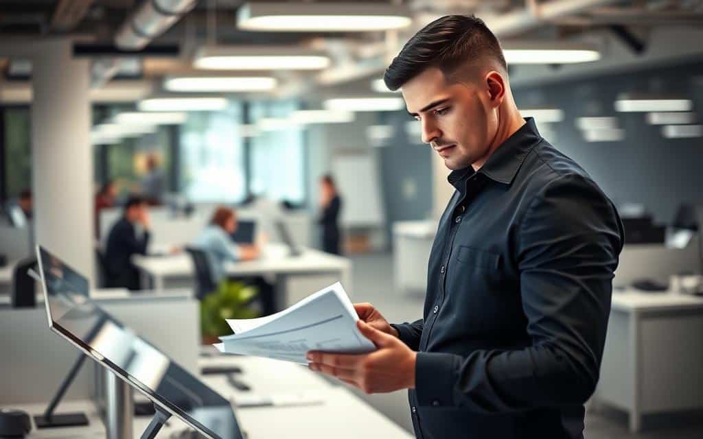 A sleek, modern office interior with a busy security guard verifying leads on a touchscreen display. In the foreground, a confident-looking security guard scrutinizes a stack of documents, while in the middle ground, a MegaLeads logo is prominently displayed on a wall-mounted monitor. The background features rows of desks and cubicles, with employees collaborating and making calls. Warm, directional lighting from overhead fixtures casts a professional, focused atmosphere. The scene conveys an efficient, high-tech process for qualifying and converting security guard sales leads. A sleek, modern office interior with a busy security guard verifying leads on a touchscreen display. In the foreground, a confident-looking security guard scrutinizes a stack of documents, while in the middle ground, a MegaLeads logo is prominently displayed on a wall-mounted monitor. The background features rows of desks and cubicles, with employees collaborating and making calls. Warm, directional lighting from overhead fixtures casts a professional, focused atmosphere. The scene conveys an efficient, high-tech process for qualifying and converting security guard sales leads.