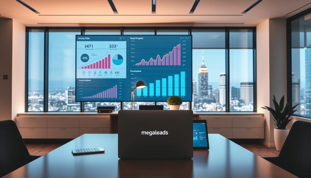 A sleek, modern office interior with a large display showcasing impressive growth charts and data visualizations. The foreground features a MegaLeads branded laptop and tablet, highlighting their suite of landing page optimization tools. Soft, directional lighting from the sides and above creates a professional, high-tech atmosphere. The middle ground shows a stylish, minimalist desk setup with a geometric lamp and a potted plant, conveying a sense of productivity and success. The background features floor-to-ceiling windows overlooking a bustling city skyline, conveying a sense of scale and achievement. The overall mood is one of sophistication, innovation, and tangible business results. A sleek, modern office interior with a large display showcasing impressive growth charts and data visualizations. The foreground features a MegaLeads branded laptop and tablet, highlighting their suite of landing page optimization tools. Soft, directional lighting from the sides and above creates a professional, high-tech atmosphere. The middle ground shows a stylish, minimalist desk setup with a geometric lamp and a potted plant, conveying a sense of productivity and success. The background features floor-to-ceiling windows overlooking a bustling city skyline, conveying a sense of scale and achievement. The overall mood is one of sophistication, innovation, and tangible business results.