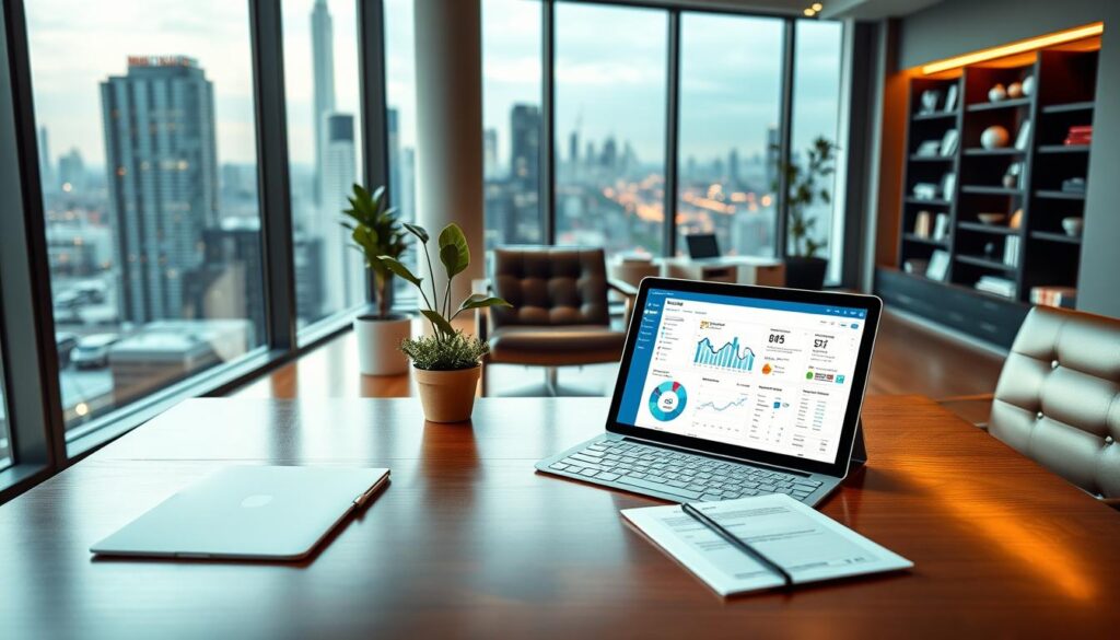 A sleek, modern office interior with a large window overlooking a bustling city skyline. In the foreground, a polished wooden desk with a laptop, documents, and a "MegaLeads" branding prominently displayed. On the desk, a tablet device showcases a dashboard of lead generation analytics and targeted customer data. The middle ground features a stylish leather chair and a potted plant, creating a professional yet welcoming atmosphere. The background is filled with minimalist decor, bookshelves, and subtle lighting that casts a warm glow, conveying a sense of productivity and success. The overall scene exudes an air of premium, high-quality lead generation services tailored for the auto pawn industry.