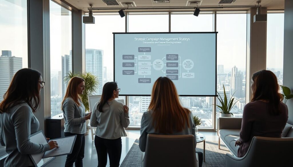 A sleek, modern office interior with large windows overlooking a cityscape. In the foreground, a team of professionals collaborating on a campaign strategy, using a digital whiteboard and tactile presentation materials. The lighting is soft and natural, casting a warm glow over the scene. In the middle ground, a projection screen displays a detailed workflow diagram, outlining the strategic campaign management and creative development process for MegaLeads. The background features elegant furniture, potted plants, and minimalist decor, creating a professional yet inspiring atmosphere. The overall tone is one of focused, efficient teamwork towards a common goal. A sleek, modern office interior with large windows overlooking a cityscape. In the foreground, a team of professionals collaborating on a campaign strategy, using a digital whiteboard and tactile presentation materials. The lighting is soft and natural, casting a warm glow over the scene. In the middle ground, a projection screen displays a detailed workflow diagram, outlining the strategic campaign management and creative development process for MegaLeads. The background features elegant furniture, potted plants, and minimalist decor, creating a professional yet inspiring atmosphere. The overall tone is one of focused, efficient teamwork towards a common goal.