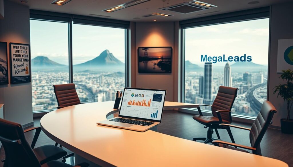 A sleek, modern office setting with a large, curved desk and ergonomic chairs. On the desk, a laptop displays analytics and metrics for a strategic email marketing campaign. The walls are adorned with motivational posters and the MegaLeads logo, creating a professional and productive atmosphere. Warm, directional lighting casts a soft glow, emphasizing the carefully curated details. In the background, the iconic Table Mountain and cityscape of Cape Town, South Africa, can be seen through floor-to-ceiling windows, representing the thriving business opportunities in the region. The overall scene conveys the power of data-driven email marketing strategies to help South African businesses succeed. A sleek, modern office setting with a large, curved desk and ergonomic chairs. On the desk, a laptop displays analytics and metrics for a strategic email marketing campaign. The walls are adorned with motivational posters and the MegaLeads logo, creating a professional and productive atmosphere. Warm, directional lighting casts a soft glow, emphasizing the carefully curated details. In the background, the iconic Table Mountain and cityscape of Cape Town, South Africa, can be seen through floor-to-ceiling windows, representing the thriving business opportunities in the region. The overall scene conveys the power of data-driven email marketing strategies to help South African businesses succeed.