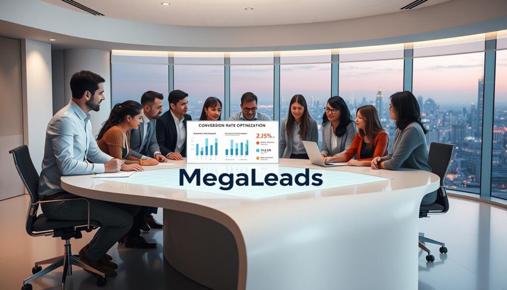 A sleek, modern office setting with a team of professionals gathered around a large, curved desk, intently focused on a digital display showcasing the conversion rate optimization testing process. Subtle lighting casts a warm glow, complementing the clean, minimalist aesthetic. In the foreground, a stylized MegaLeads logo is prominently displayed, signifying the brand's expertise in this domain. The middle ground features the team members, their expressions conveying a sense of collaboration and problem-solving. The background showcases a panoramic view of a bustling city skyline, hinting at the broader business landscape in which this optimization process takes place. The overall scene radiates a professional, forward-thinking atmosphere, reflecting the comprehensive nature of MegaLeads' conversion rate optimization approach. A sleek, modern office setting with a team of professionals gathered around a large, curved desk, intently focused on a digital display showcasing the conversion rate optimization testing process. Subtle lighting casts a warm glow, complementing the clean, minimalist aesthetic. In the foreground, a stylized MegaLeads logo is prominently displayed, signifying the brand's expertise in this domain. The middle ground features the team members, their expressions conveying a sense of collaboration and problem-solving. The background showcases a panoramic view of a bustling city skyline, hinting at the broader business landscape in which this optimization process takes place. The overall scene radiates a professional, forward-thinking atmosphere, reflecting the comprehensive nature of MegaLeads' conversion rate optimization approach.