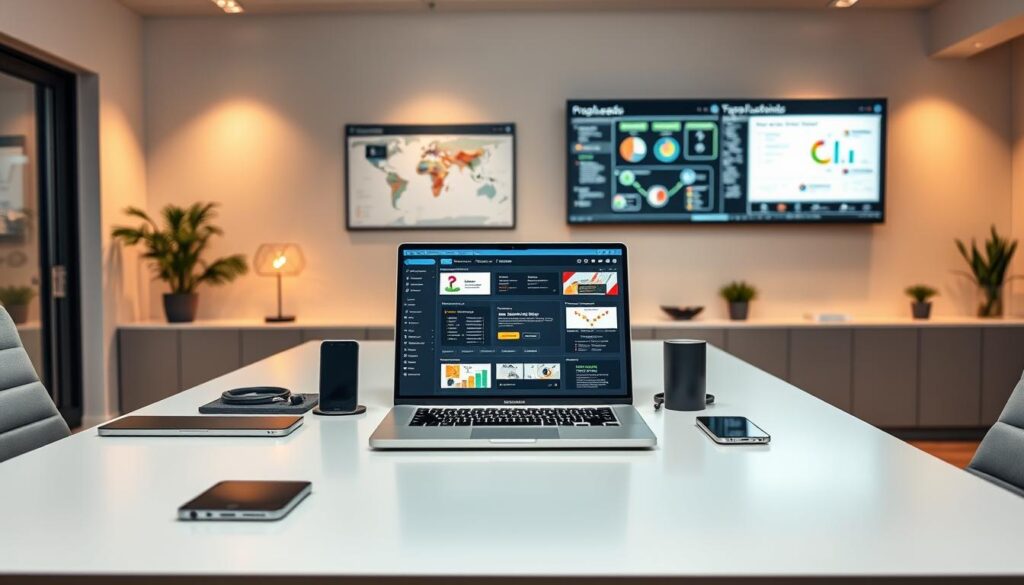 A sleek, modern office workspace with a large desk showcasing a detailed email automation workflow setup. On the desk, a state-of-the-art laptop displays a visually intuitive dashboard for MegaLeads' marketing automation platform. Surrounding the laptop are various digital devices, including a tablet and smartphone, all seamlessly integrated into the workflow. The room is bathed in warm, focused lighting, creating a professional and productive atmosphere. In the background, a wall-mounted monitor displays customer journey mapping visualizations, highlighting MegaLeads' advanced marketing automation capabilities. The overall scene conveys efficiency, technology, and the powerful tools available to grow businesses in South Africa. A sleek, modern office workspace with a large desk showcasing a detailed email automation workflow setup. On the desk, a state-of-the-art laptop displays a visually intuitive dashboard for MegaLeads' marketing automation platform. Surrounding the laptop are various digital devices, including a tablet and smartphone, all seamlessly integrated into the workflow. The room is bathed in warm, focused lighting, creating a professional and productive atmosphere. In the background, a wall-mounted monitor displays customer journey mapping visualizations, highlighting MegaLeads' advanced marketing automation capabilities. The overall scene conveys efficiency, technology, and the powerful tools available to grow businesses in South Africa.