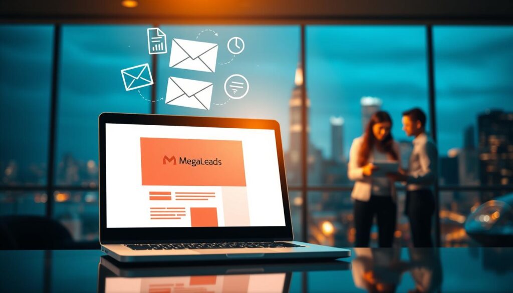 A sleek, professional email marketing services illustration. In the foreground, a laptop screen displays a stylish email campaign with the MegaLeads logo. Hovering above it, email icons and analytics charts convey the data-driven insights. In the middle ground, a team of marketers collaborates, discussing strategies on a touchscreen display. The background features a blurred cityscape, suggesting the scale and reach of the digital services. Warm, directional lighting illuminates the scene, creating a sense of expertise and sophistication. Captured with a wide-angle lens to emphasize the comprehensive nature of the MegaLeads digital marketing portfolio. A sleek, professional email marketing services illustration. In the foreground, a laptop screen displays a stylish email campaign with the MegaLeads logo. Hovering above it, email icons and analytics charts convey the data-driven insights. In the middle ground, a team of marketers collaborates, discussing strategies on a touchscreen display. The background features a blurred cityscape, suggesting the scale and reach of the digital services. Warm, directional lighting illuminates the scene, creating a sense of expertise and sophistication. Captured with a wide-angle lens to emphasize the comprehensive nature of the MegaLeads digital marketing portfolio.
