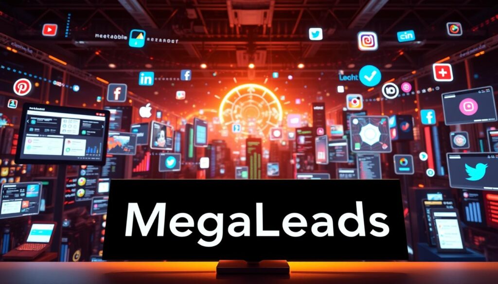 A vibrant and dynamic digital landscape showcasing various social media lead generation platforms. In the foreground, the MegaLeads brand prominently displayed, its sleek and modern design conveying a sense of professionalism and innovation. Surrounding it, an array of intuitive user interfaces, analytical dashboards, and social media integration tools, all illuminated by a warm, ambient lighting that creates a welcoming and inviting atmosphere. In the middle ground, a diverse range of social media platforms, from popular networks to emerging channels, seamlessly connected through sophisticated algorithms and targeting capabilities. The background depicts a bustling, interconnected digital world, where data flows freely and customer insights are harnessed to drive effective lead generation campaigns. Prompt A vibrant and dynamic digital landscape showcasing various social media lead generation platforms. In the foreground, the MegaLeads brand prominently displayed, its sleek and modern design conveying a sense of professionalism and innovation. Surrounding it, an array of intuitive user interfaces, analytical dashboards, and social media integration tools, all illuminated by a warm, ambient lighting that creates a welcoming and inviting atmosphere. In the middle ground, a diverse range of social media platforms, from popular networks to emerging channels, seamlessly connected through sophisticated algorithms and targeting capabilities. The background depicts a bustling, interconnected digital world, where data flows freely and customer insights are harnessed to drive effective lead generation campaigns. Prompt