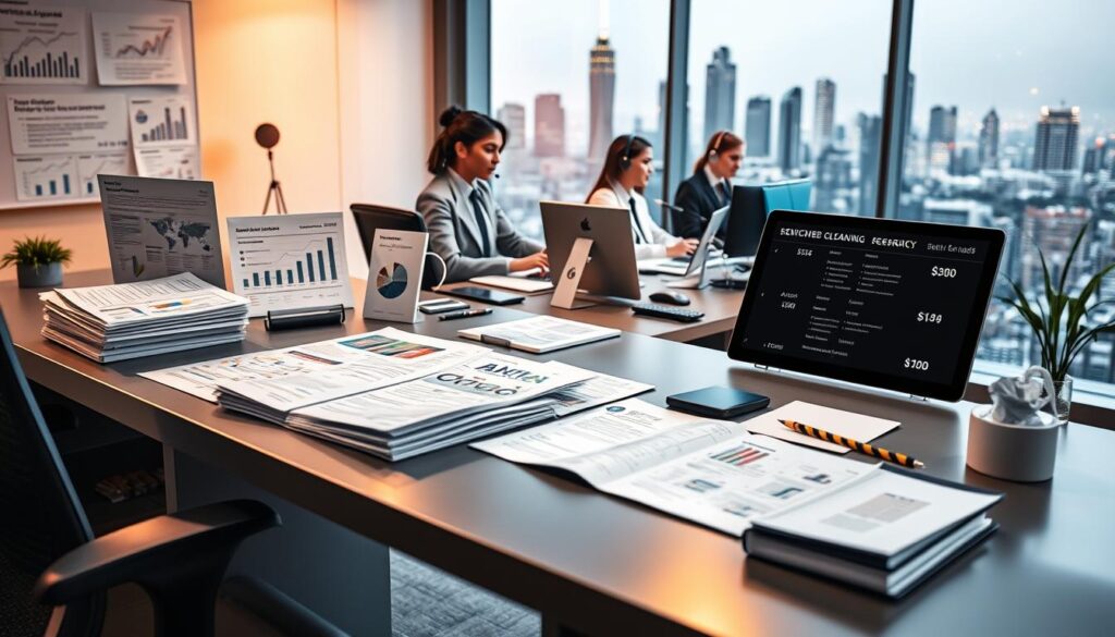 A vibrant and professional scene showcasing the comprehensive range of cleaning service leads available from MegaLeads. In the foreground, a sleek, modern office desk displays various digital and physical lead generation materials, including reports, graphs, and targeted lead lists. The middle ground features a team of customer service representatives actively engaging with potential clients over the phone and computer, conveying MegaLeads' personalized service. The background depicts a stylized cityscape, symbolizing the nationwide reach of MegaLeads' premium cleaning service leads. Warm, directional lighting illuminates the scene, creating a sense of productivity and trust. The overall atmosphere exudes a tone of efficiency, reliability, and MegaLeads' commitment to helping businesses grow in South Africa. A vibrant and professional scene showcasing the comprehensive range of cleaning service leads available from MegaLeads. In the foreground, a sleek, modern office desk displays various digital and physical lead generation materials, including reports, graphs, and targeted lead lists. The middle ground features a team of customer service representatives actively engaging with potential clients over the phone and computer, conveying MegaLeads' personalized service. The background depicts a stylized cityscape, symbolizing the nationwide reach of MegaLeads' premium cleaning service leads. Warm, directional lighting illuminates the scene, creating a sense of productivity and trust. The overall atmosphere exudes a tone of efficiency, reliability, and MegaLeads' commitment to helping businesses grow in South Africa.
