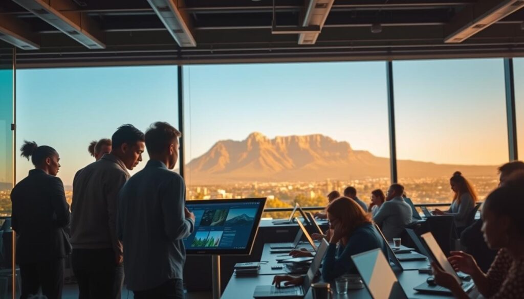 A vibrant, dynamic scene of South African social media lead generation. In the foreground, a group of diverse professionals collaborating around a large touchscreen display, strategizing MegaLeads' innovative digital marketing solutions. Midground, a bustling open-plan office with employees energetically tapping away on laptops, phones in hand. In the background, the iconic silhouette of Table Mountain, bathed in golden afternoon light, conveying a sense of productivity, growth, and the thriving entrepreneurial spirit of South Africa. Crisp, cinematic lighting and a shallow depth of field draw the viewer's eye to the focal point - the MegaLeads team powering social media success for local businesses. A vibrant, dynamic scene of South African social media lead generation. In the foreground, a group of diverse professionals collaborating around a large touchscreen display, strategizing MegaLeads' innovative digital marketing solutions. Midground, a bustling open-plan office with employees energetically tapping away on laptops, phones in hand. In the background, the iconic silhouette of Table Mountain, bathed in golden afternoon light, conveying a sense of productivity, growth, and the thriving entrepreneurial spirit of South Africa. Crisp, cinematic lighting and a shallow depth of field draw the viewer's eye to the focal point - the MegaLeads team powering social media success for local businesses.