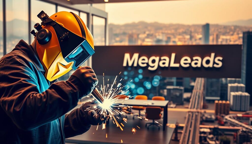 A vibrant, dynamic scene showcasing the power and potential of welding lead generation in South Africa. In the foreground, a skilled welder, clad in protective gear, confidently manipulates a welding torch, sparks dancing around them. In the middle ground, a sleek, modern office space, the walls adorned with the bold "MegaLeads" branding, conveying a sense of professionalism and industry expertise. The background depicts the bustling cityscape of a South African metropolis, skyscrapers and infrastructure symbolizing the growth and opportunity awaiting welding businesses. Warm, golden lighting casts a glow over the scene, evoking a sense of prosperity and success. The overall composition conveys the transformative impact of MegaLeads' premium targeted welding leads, empowering South African welding enterprises to thrive and expand.