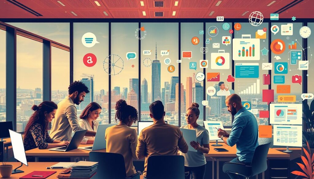 A vibrant landscape showcasing the comprehensive content marketing services offered by MegaLeads. In the foreground, a team of creatives collaborates on a whitepaper design, their expressions focused and their workstations organized. The middle ground features a sleek, modern office setting with large windows overlooking a bustling city skyline. In the background, a montage of digital marketing elements - social media icons, analytics dashboards, and content creation tools - creates a sense of the full suite of services provided. Warm lighting casts a professional and productive atmosphere, while the color palette reflects the brand's identity. The overall scene conveys the expertise, innovation, and comprehensive nature of MegaLeads' content marketing solutions. A vibrant landscape showcasing the comprehensive content marketing services offered by MegaLeads. In the foreground, a team of creatives collaborates on a whitepaper design, their expressions focused and their workstations organized. The middle ground features a sleek, modern office setting with large windows overlooking a bustling city skyline. In the background, a montage of digital marketing elements - social media icons, analytics dashboards, and content creation tools - creates a sense of the full suite of services provided. Warm lighting casts a professional and productive atmosphere, while the color palette reflects the brand's identity. The overall scene conveys the expertise, innovation, and comprehensive nature of MegaLeads' content marketing solutions.
