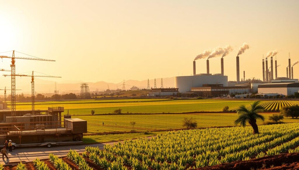 A vibrant panoramic landscape showcasing the diverse industries that MegaLeads serves across South Africa. In the foreground, a bustling construction site with towering cranes and hard-hatted workers. In the middle ground, a thriving agricultural field with rows of crops and a farmer tending to the land. Further back, a modern manufacturing facility emits plumes of steam, signifying the region's industrial prowess. The sky is filled with a golden glow, casting a warm, inviting atmosphere over the scene. The composition is balanced, with each element complementing the others to create a comprehensive representation of South Africa's economic landscape. A vibrant panoramic landscape showcasing the diverse industries that MegaLeads serves across South Africa. In the foreground, a bustling construction site with towering cranes and hard-hatted workers. In the middle ground, a thriving agricultural field with rows of crops and a farmer tending to the land. Further back, a modern manufacturing facility emits plumes of steam, signifying the region's industrial prowess. The sky is filled with a golden glow, casting a warm, inviting atmosphere over the scene. The composition is balanced, with each element complementing the others to create a comprehensive representation of South Africa's economic landscape.