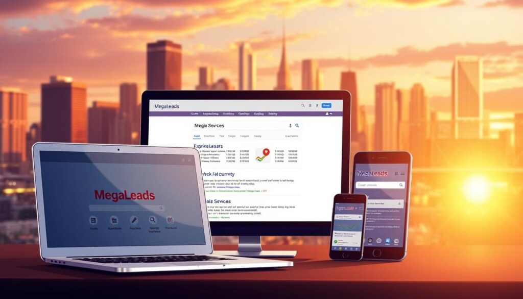 A vibrant, realistic digital illustration depicting a dominant local search presence for the MegaLeads brand. In the foreground, a sleek, responsive website displayed on a variety of devices - laptop, tablet, and smartphone - showcasing the company's services. The middle ground features a sophisticated search engine results page, with the MegaLeads website ranking prominently among the top listings. In the background, a cityscape skyline representing the local market, bathed in warm, golden lighting to convey a sense of authority and success. The overall scene conveys the key features and benefits of MegaLeads' turnkey lead generation solutions, empowering businesses to dominate their local search results. A vibrant, realistic digital illustration depicting a dominant local search presence for the MegaLeads brand. In the foreground, a sleek, responsive website displayed on a variety of devices - laptop, tablet, and smartphone - showcasing the company's services. The middle ground features a sophisticated search engine results page, with the MegaLeads website ranking prominently among the top listings. In the background, a cityscape skyline representing the local market, bathed in warm, golden lighting to convey a sense of authority and success. The overall scene conveys the key features and benefits of MegaLeads' turnkey lead generation solutions, empowering businesses to dominate their local search results.