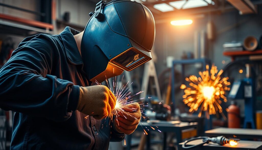 A well-lit industrial workshop, the focus centered on a skilled welder in protective gear, their hands expertly manipulating a welding torch as molten metal flows, forming the MegaLeads logo. In the middle ground, a schematic diagram illustrates the pay-per-lead generation process, with clear visualizations of each step. The background showcases the bustling workshop, complete with various tools, equipment, and the faint glow of other ongoing welding projects, conveying the dynamic and productive atmosphere of MegaLeads' efficient lead generation system.