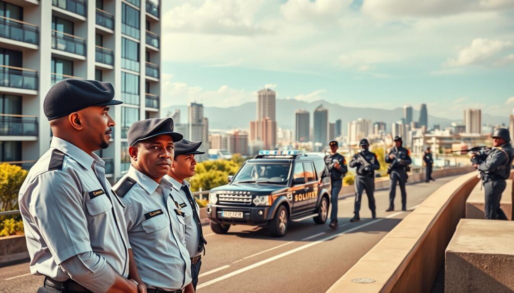 A wide panoramic view of the diverse security sectors in South Africa, showcasing the comprehensive range of services offered by MegaLeads. In the foreground, a team of professional security guards patrolling a high-rise commercial complex, their uniforms crisp and their expressions alert. In the middle ground, a private security vehicle navigates the bustling streets of a metropolitan city, while in the background, the silhouettes of armed response units stand ready to respond to emergencies. The scene is bathed in a warm, golden light, conveying a sense of professionalism, reliability, and the unwavering commitment to safeguarding South African communities. A wide panoramic view of the diverse security sectors in South Africa, showcasing the comprehensive range of services offered by MegaLeads. In the foreground, a team of professional security guards patrolling a high-rise commercial complex, their uniforms crisp and their expressions alert. In the middle ground, a private security vehicle navigates the bustling streets of a metropolitan city, while in the background, the silhouettes of armed response units stand ready to respond to emergencies. The scene is bathed in a warm, golden light, conveying a sense of professionalism, reliability, and the unwavering commitment to safeguarding South African communities.