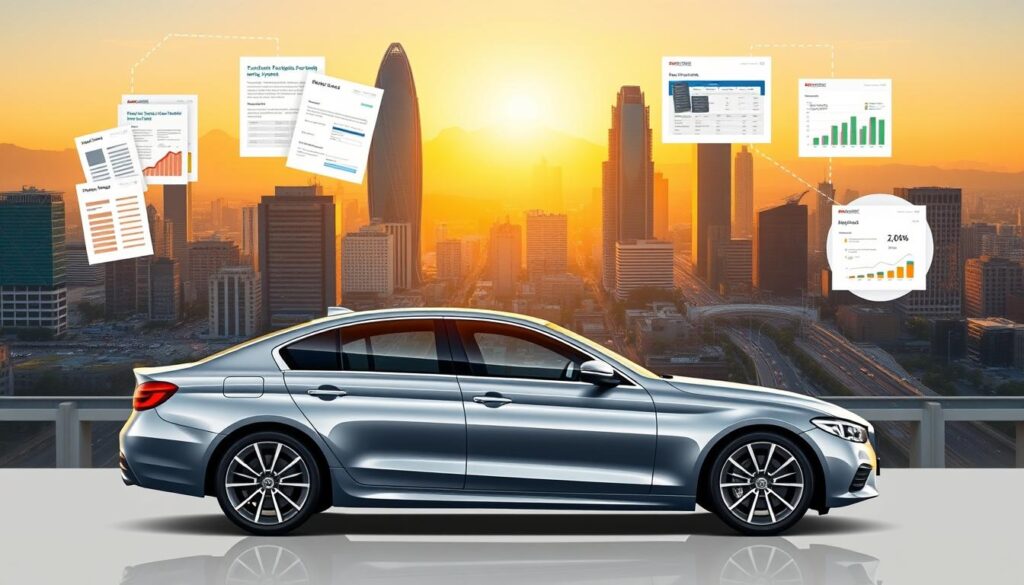 Diverse pawn car lead categories from MegaLeads, showcased in a stylized, photorealistic illustration. A sleek, modern sedan in the foreground, its reflective surface mirroring the diverse lead types surrounding it - loan applications, financial documents, and analytics dashboards. In the middle ground, a dynamic cityscape with towering skyscrapers and bustling streets, representing the thriving pawn car market. The background is bathed in warm, golden lighting, creating a sense of prosperity and opportunity. The overall composition conveys the comprehensive, premium pawn car lead offerings from MegaLeads, catered to businesses seeking to expand their reach in the South African market.